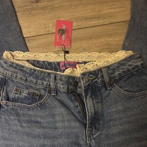 Edikted High Rise Blue Jeans with Cream Lace Trim